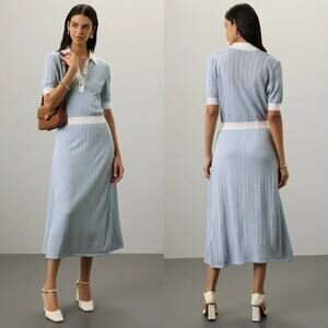 Boss Faronka Polo Dress Ribbed Knit Short Sleeve Midi Linen Blend Blue White S